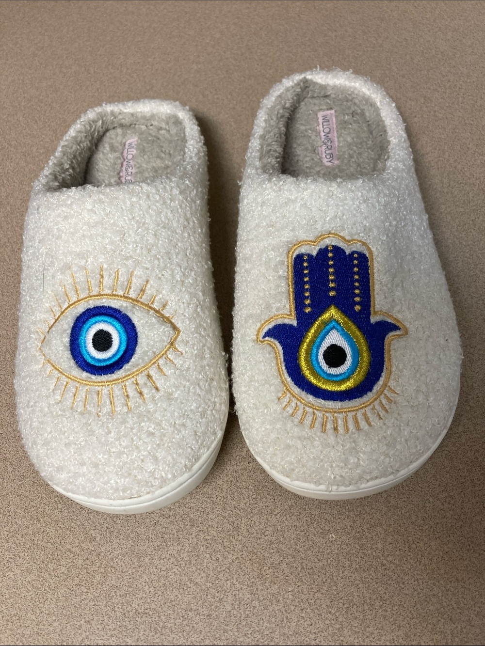 Willow Cream Slip-On Slippers with Blue Eye and Hamsa Embroidery